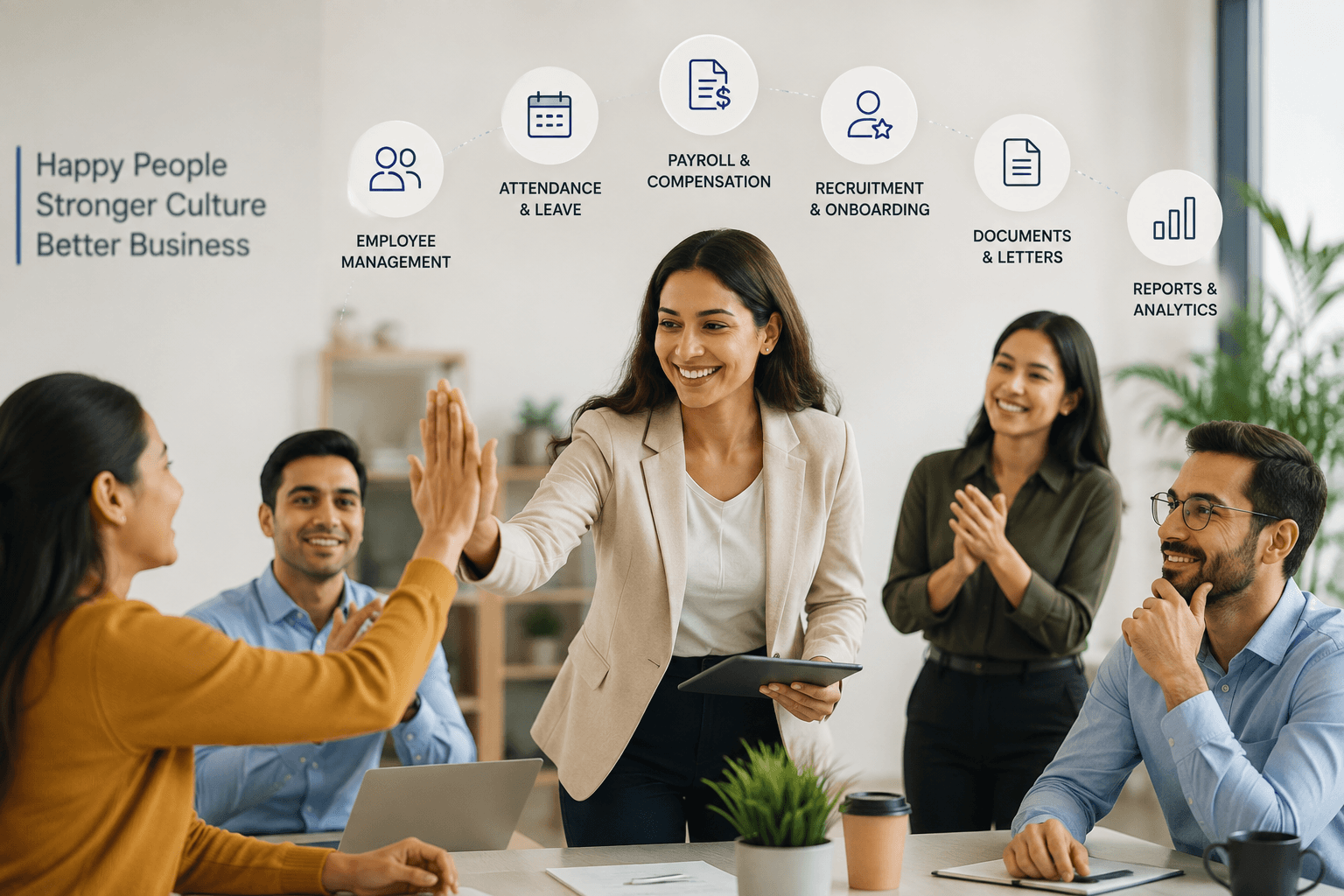 An HR team reviewing employee management, attendance, payroll, recruitment, documents and reporting together