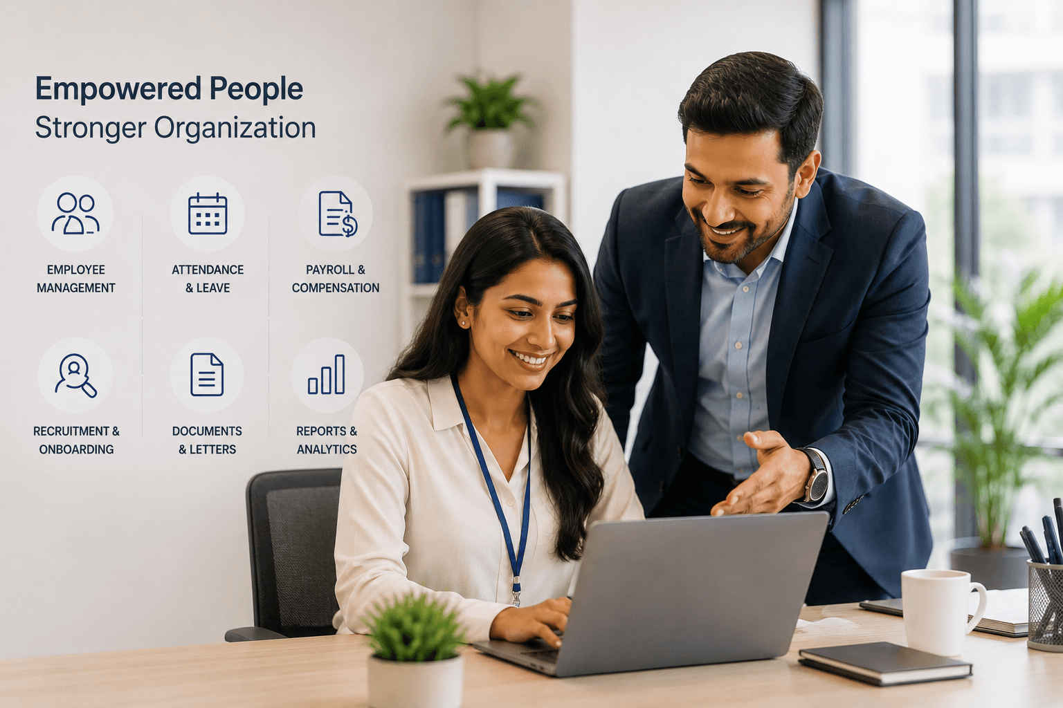An HR manager and a colleague reviewing employee records, attendance, payroll, recruitment, documents and reports