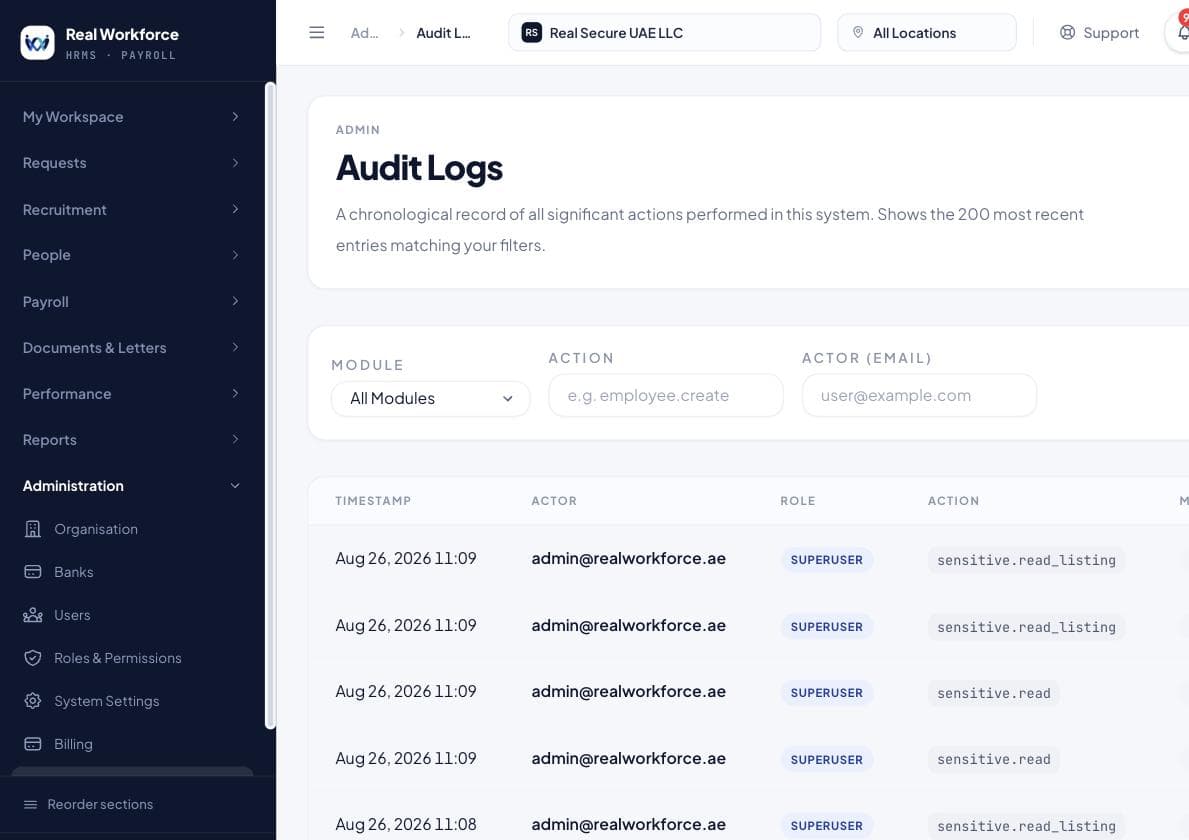 An audit log listing timestamped entries with the actor's email, their role and the action recorded, including reads of sensitive fields, with filters for module, action and actor.