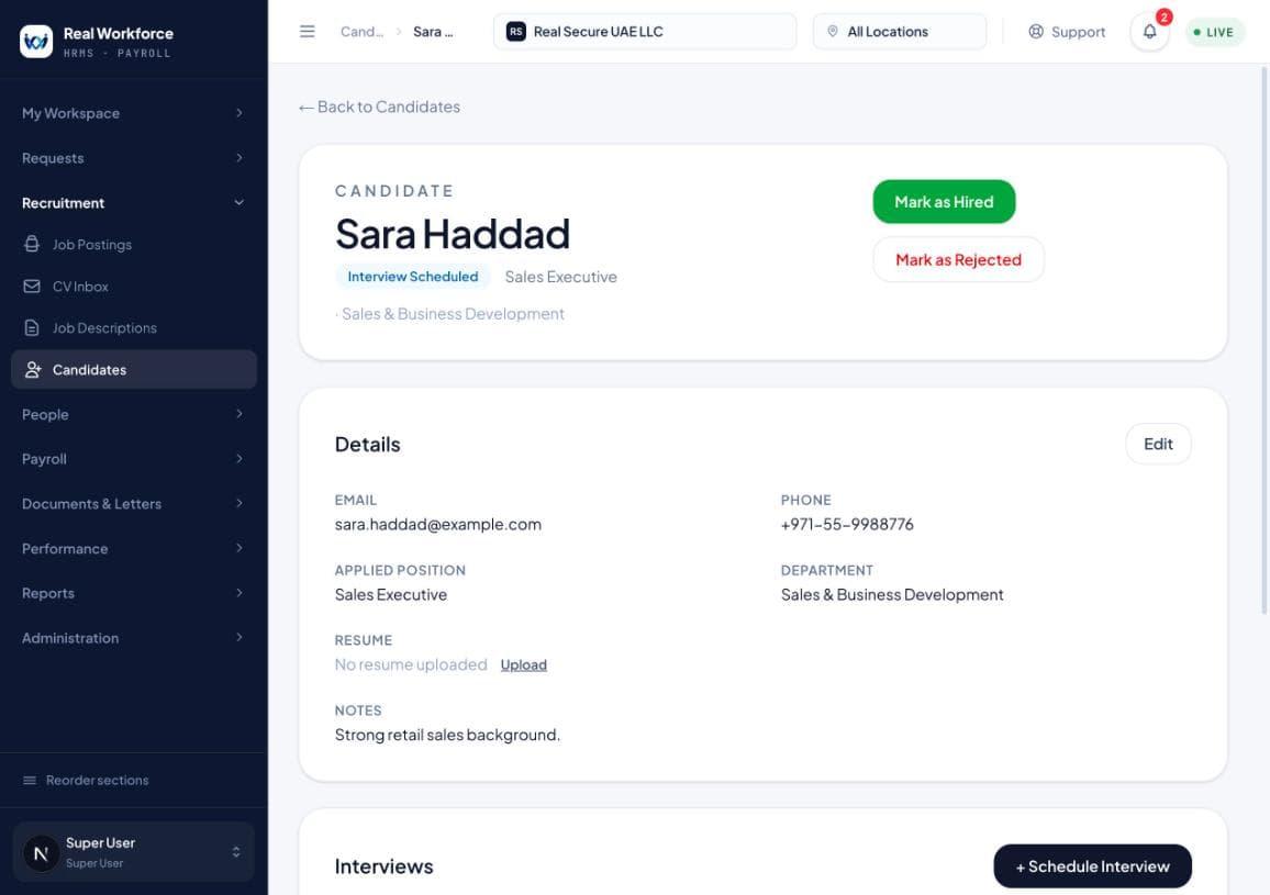 A candidate record for a Sales Executive applicant, with contact details, résumé, recruiter notes, buttons to mark hired or rejected, and an Interviews section.