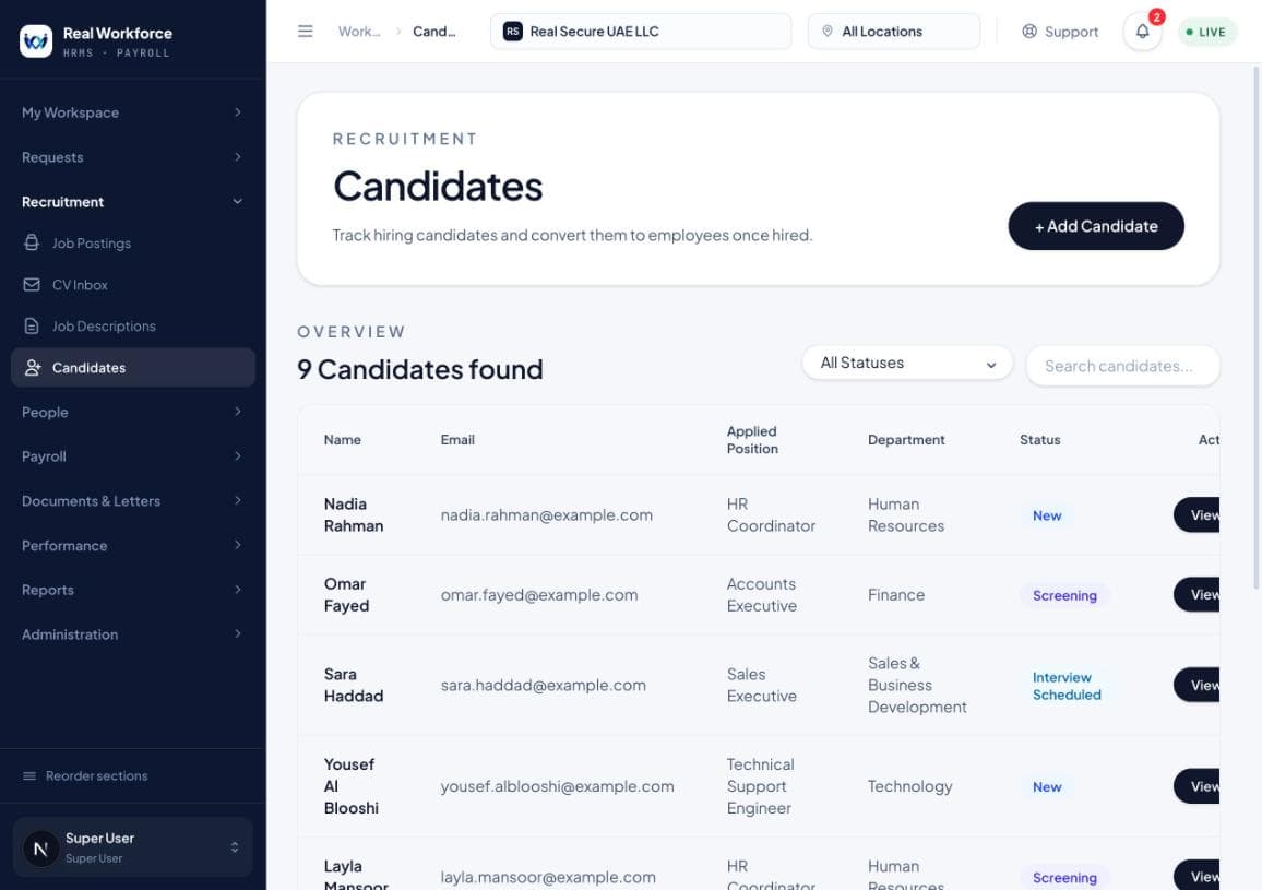 A candidate list showing nine candidates with email, applied position, department and a status of New, Screening or Interview Scheduled.