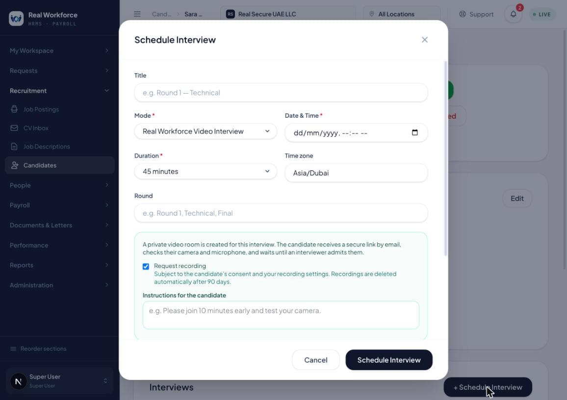 A Schedule Interview dialog with mode set to Real Workforce Video Interview, a date and time, duration, time zone, a recording request checkbox and a field for instructions to the candidate.